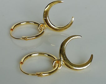 Crescent Moon Hoops - Gold Charm Hoops - Minimalist Hoops - Sterling Silver - Moon Phase Earrings - Gold Hoops - Gold Gift Hoops - E396