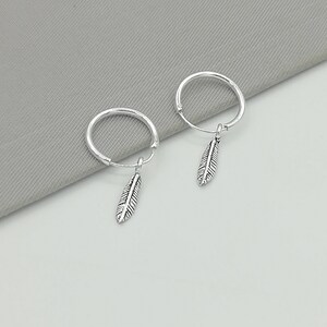 Minimalist Hoops - Feather Charm Hoops - Casual Earrings - 12mm Hoops - Open Hoop Earrings - Cartilage Hoops - Lucky Charm - E334