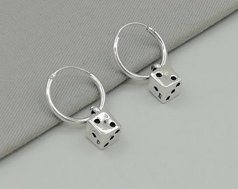 Sterling silver Dice Hoops - Hoops With Charm - Minimalist Hoops - Dice Earrings - Cartilage Hoops - Fun Gift Hoops - E348