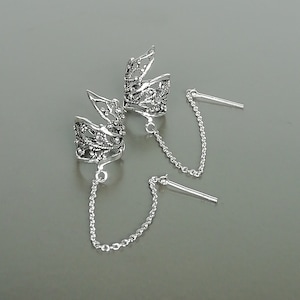 Manguito de oreja de plata esterlina egipcia con cadena - Manguito de oreja boho - Manguito de cartílago de plata 925 - Manguito de tamaño libre - Joyería hippie - E145