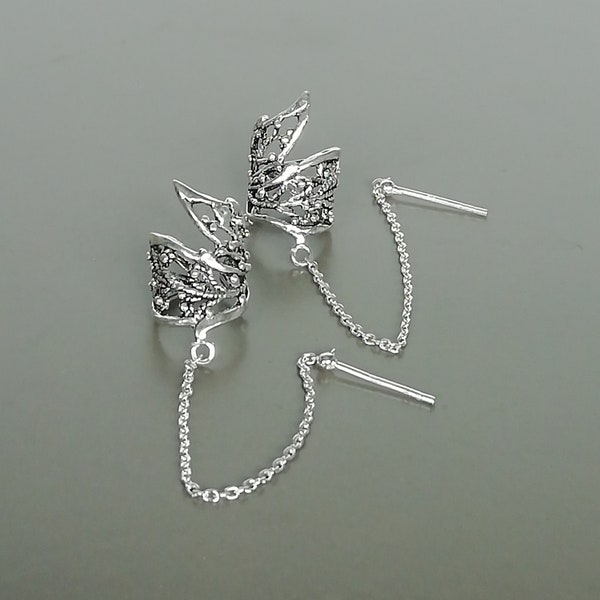 Egyptian sterling silver ear cuff with chain - Boho ear cuff - 925 silver cartilage cuff - Free size cuff - Hippie jewelry - E145