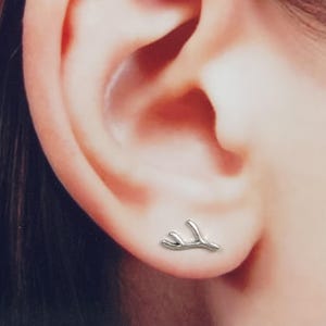 Tiny Silver Antler Ear Studs - Sterling Silver Earrings - Minimalist Stud Earrings - Deer ear studs - Dainty studs - E422s