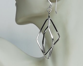 Long geometrical earrings - Sterling silver ear danglers - Wavy diamond shaped earrings - Dramatic earrings - Formal wear earrings - E240