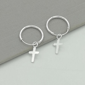 Silver Cross Charm - Minimalist Hoops - 12mm Hoops - Religious Charm - Cartilage Hoops - Silver Charm Hoops - Small Hoop Earrings - E350