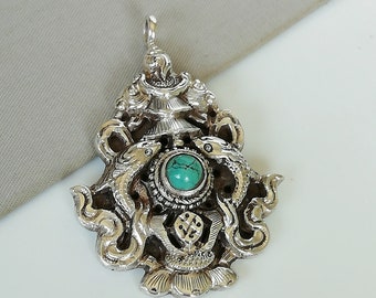 Tibetan Necklace - Turquoise stone pendant - Ethnic 925 silver - Pendant necklace - Vintage jewelry - Nepalese Necklace - PD583