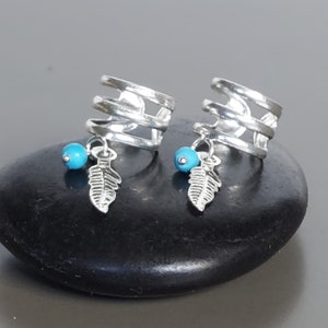 Sterling silver ear cuff, Triple band cartilage cuff, Feather and blue bead cuff, No piercing cuffs, Boho cuff, Hipster Cuff, NE71