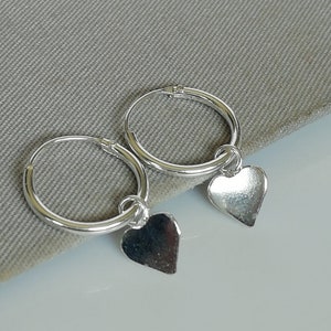 Sterling Silver Heart Charm Hoops - Delicate Heart Hoops - Valentines Gift Hoops - Minimalist Cartilage Hoops - Bohemian Hoops -| NE34