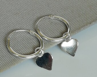 Sterling Silver Heart Charm Hoops - Delicate Heart Hoops - Valentines Gift Hoops - Minimalist Cartilage Hoops - Bohemian Hoops -| NE34
