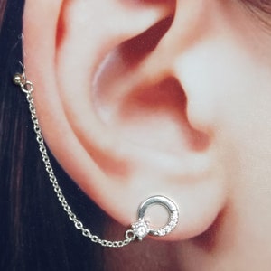Sterling silver dangling chain earrings - Double studs with chain - Cz circle ear stud with a chain and ball stud - 925 silver stud - NE69