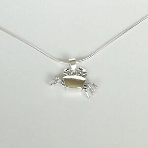 May include: A silver crab pendant on a delicate silver chain. The crab pendant is detailed with claws, eyes, and a textured shell. The necklace is displayed against a white background, highlighting the jewelry's design.