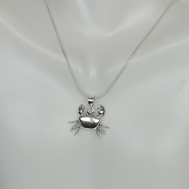 May include: A silver crab pendant necklace. The pendant is a detailed crab design with claws and legs. The necklace chain is a thin, silver snake chain. The pendant is approximately 1 inch wide.