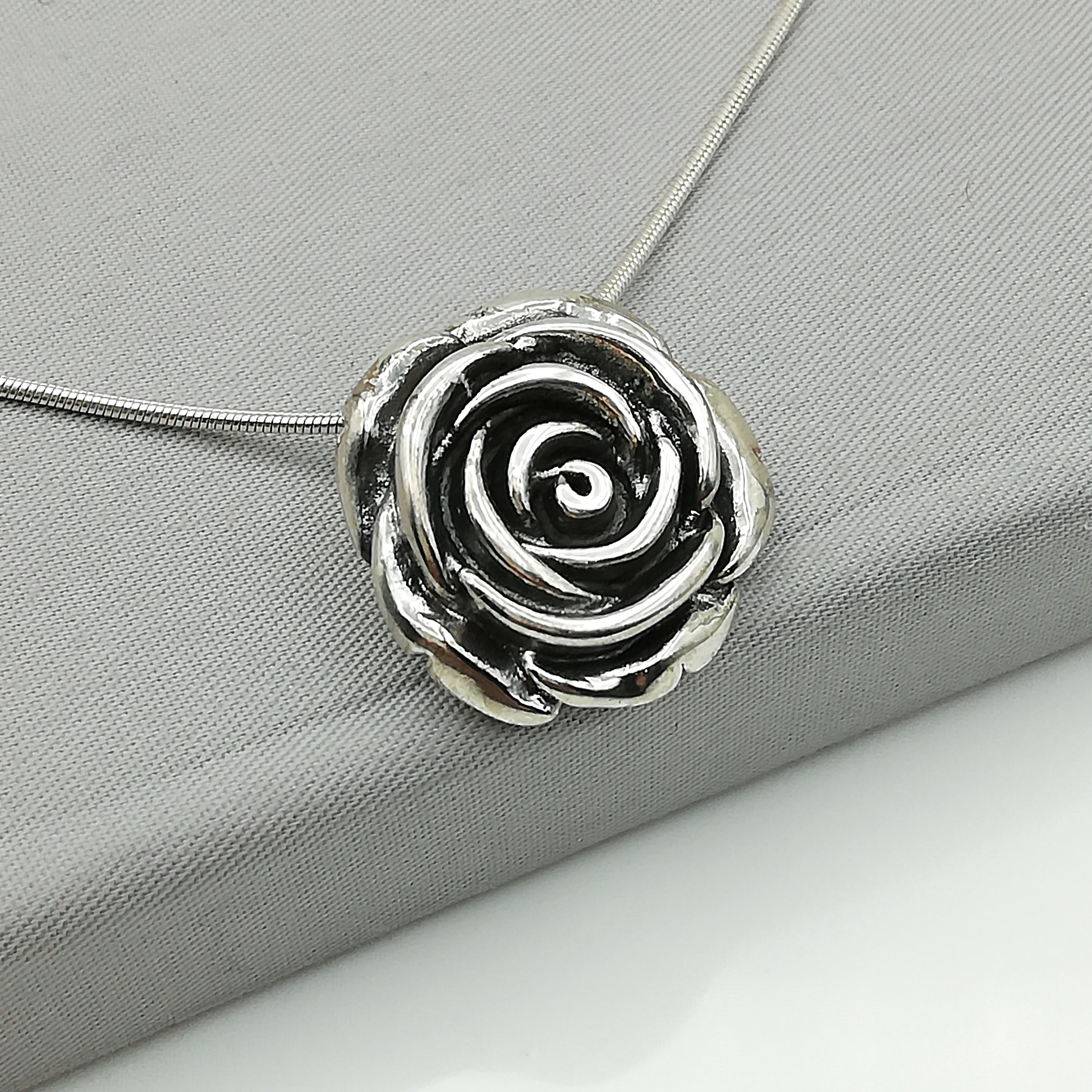 Silver Rose Pendant - Rose Necklace - Flower Charm - Silver Charm