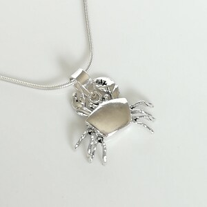 May include: A silver crab pendant on a delicate silver chain. The crab pendant is detailed with claws, legs, and a textured shell. The necklace is displayed on a white background, highlighting the jewelry's design.