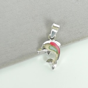 Puede incluir: Un colgante de plata en forma de delfín con un diseño de esmalte rojo, verde y blanco.