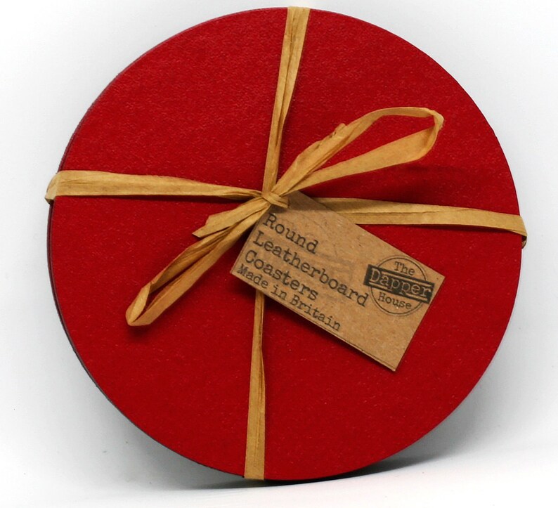 Set of 6 Elementry Red Leatherboard Round Coasters Made in UK