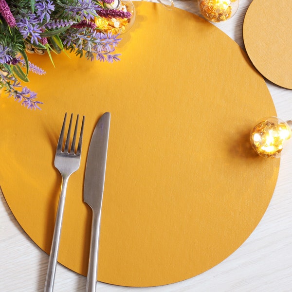 Set of 8 Elementary Mustard Leatherboard Round Placemats and 8 Coasters - UK Made
