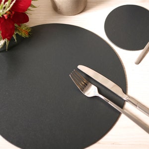 Set of 8 Charcoal Elementary Round Leatherboard Placemats and 8 Coasters - Made in Britain