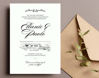 Personalized Wedding Venue Illustration: Custom Line Art Invitation (Digital Download)