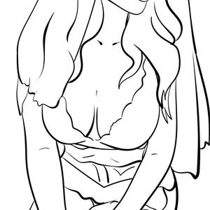 Può includere: Un disegno in bianco e nero di una donna che indossa un velo e un vestito con un bordo in pizzo. La donna guarda in basso e i suoi capelli sono lunghi e fluenti.