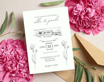 Custom Wedding Venue Sketch Invitation: Hand-Drawn Line Art (Digital Download, 5x7 inches)