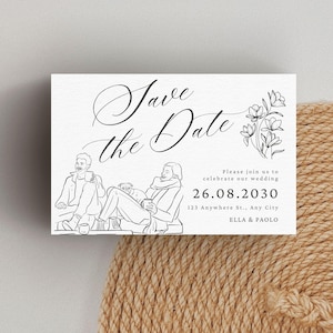 Tarjeta de boda personalizada con diseño de pareja y mascota: Save the Date (Reserva la fecha) - Ilustración de pareja y mascota dibujada a mano, diseño de invitación digital