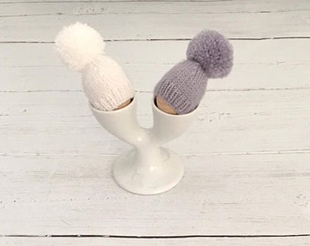 Set of two hand knitted egg cosies in lilac and white, house warming gift, Easter gift, stocking filler