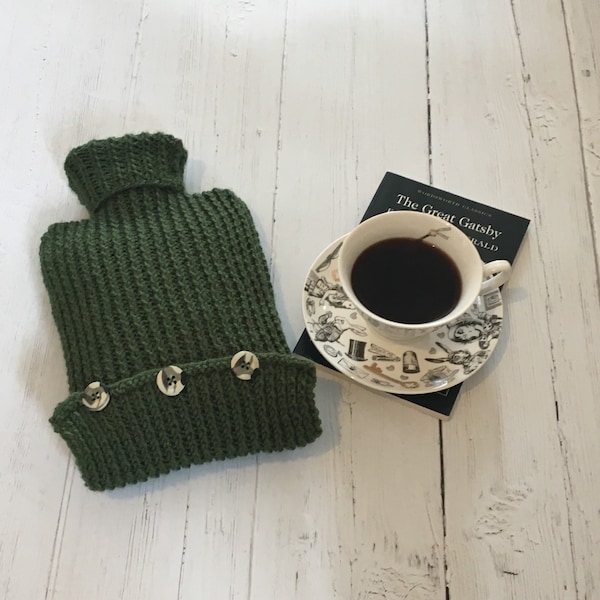Green knitted hot water bottle cover, cosy Christmas gift, winter birthday ideas