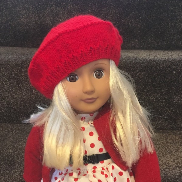 Red knitted doll beret, doll accessories