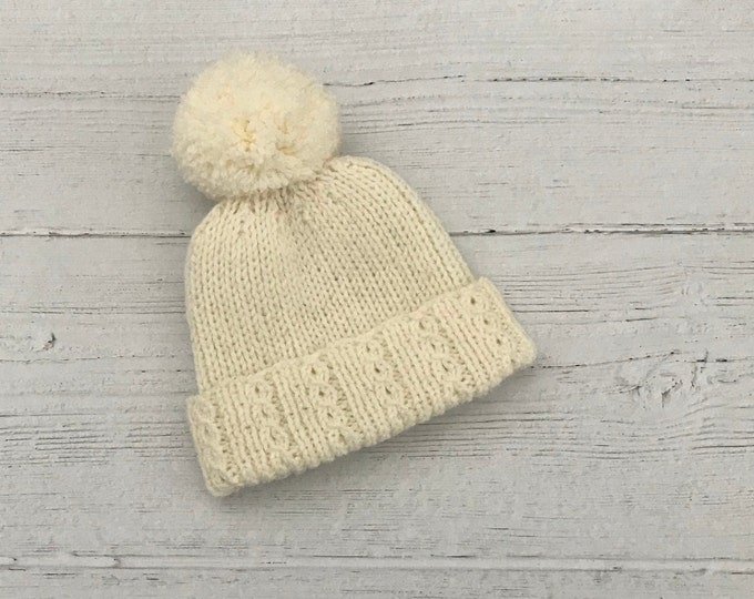 Cream knitted baby hat, unisex baby bobble hat, baby shower gift