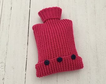 Hot pink knitted hot water bottle cover, bottle cosy, gift for her