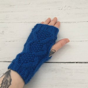 Blue knitted wrist warmers, fingerless gloves, gift for her