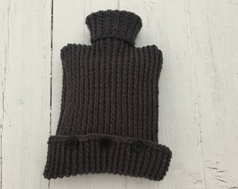 Charcoal grey hand knitted hot water bottle cover , handmade Christmas gift, birthday gift