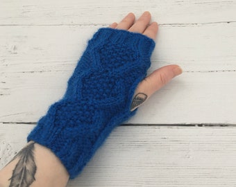 Blue knitted wrist warmers, fingerless gloves, gift for her