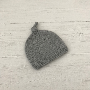 Grey knitted baby hat, first hat, newborn top knot beanie