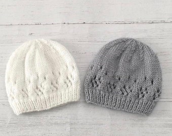 Set of two hand knitted baby hats-white and grey-newborn or 0-3 months