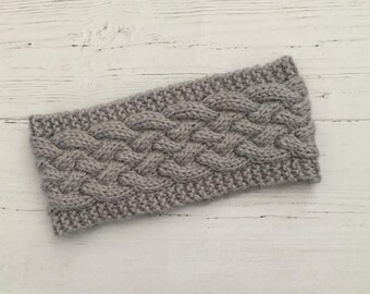 Silver grey knitted headband/ear warmer, cable headband, hair accessory, gift for her