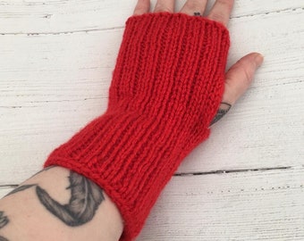Hand knitted fingerless gloves -rose red