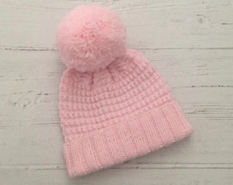 Pink hand knitted baby hat with pom pom-newborn or 0-3 months