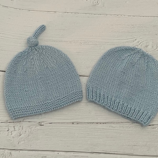 Light blue baby boy gift set, two knitted newborn hats, baby shower gift