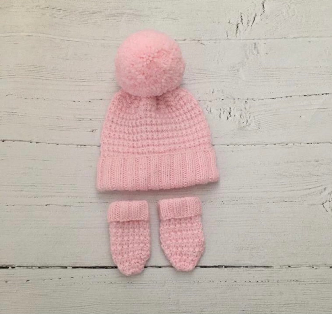 Winter Hat Baby Girl Hat And Mittens Set Pink Knitted Baby Hat And