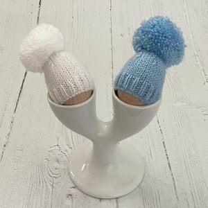 White and blue knitted egg cosy set, small gift, stocking filler