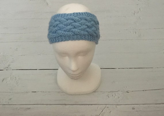 Light Blue Cable Knit Headband Angora Cable Knit Ear Warmer Headband Wool Blend Light Blue  main image 2