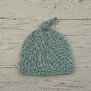 Seafoam blue knitted baby hat, newborn topknot hat, baby shower gift