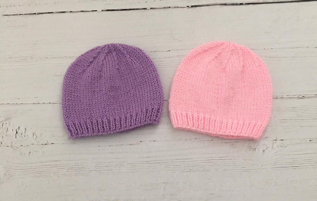 Set of Two Knitted Baby Hats Purple and Pink Newborn Hats Etsy UK