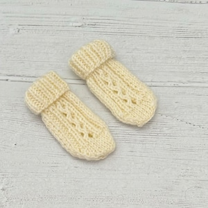 Cream hand knitted baby scratch mittens, thumbless mittens for newborn, baby shower gift