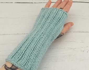Blue wrist warmers, hand knitted fingerless gloves, gift for her