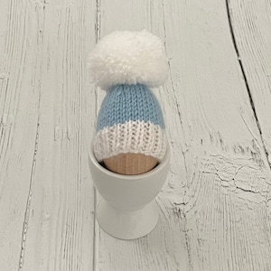 Light blue and white egg cosy, knitted egg cosies, Easter gift, stocking filler, small gift