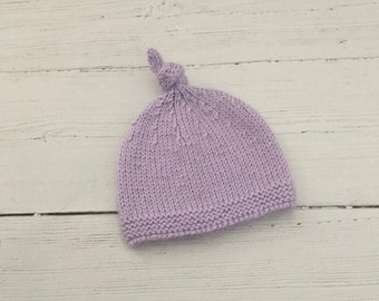 Lilac knitted baby hat, baby knot beanie , baby girl gift