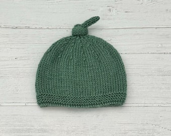 Slate green hand knitted top knot baby beanie-newborn to 9 months