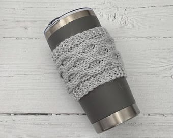 Light grey hand knitted reusable cup cosy-stocking filler